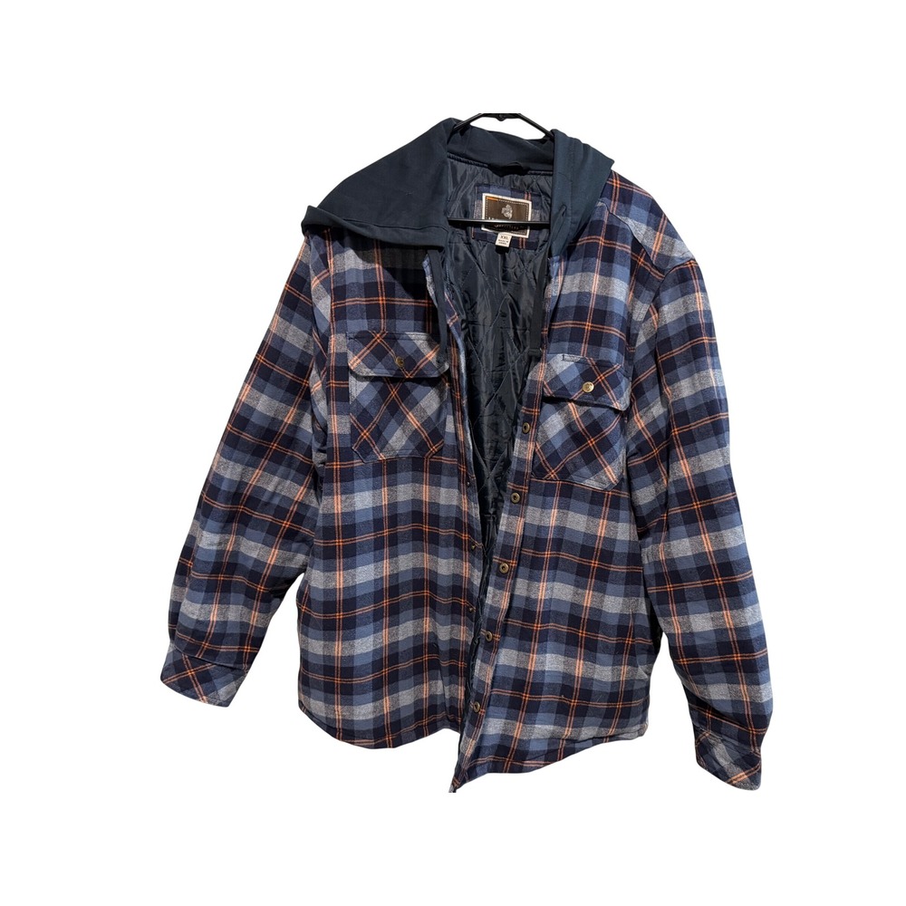 Legendary Outfitters Mens XXL Blue Orange Plaid Quilted Lined Hooded Shacket